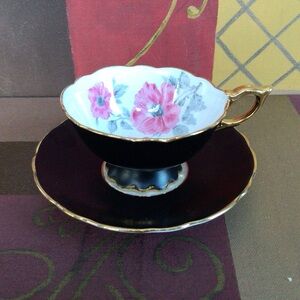 Royal Stafford Pink Flowers Black Teacup And Saucer